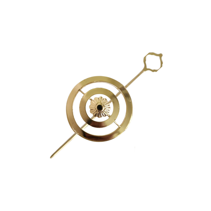 Gold spiral hairbun with concentric circles and intricate design. Elegant and artistic, it conveys a sense of sophistication.