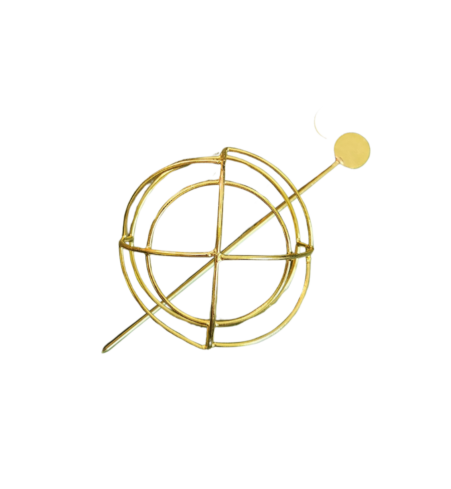 Gold spiral hairbun with concentric circles and intricate design. Elegant and artistic, it conveys a sense of sophistication.