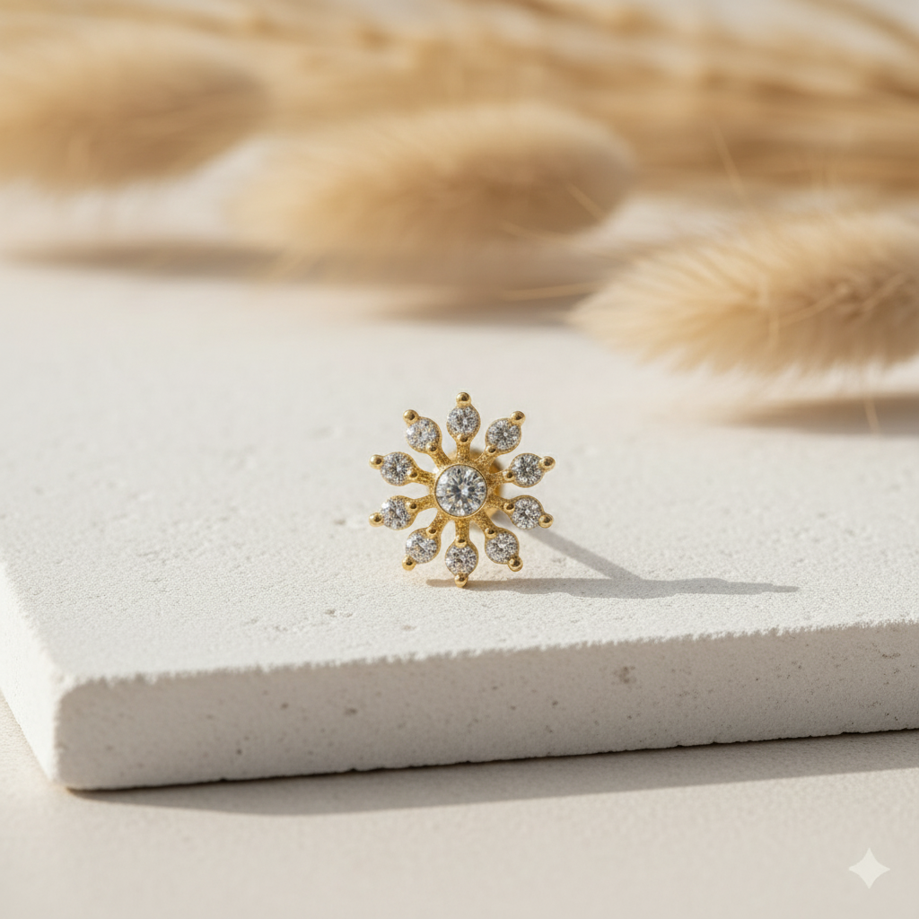 Amour 925 Silver Gold Plated Nose Pin prop shot on stone slab | Wizzowl Jewellery
