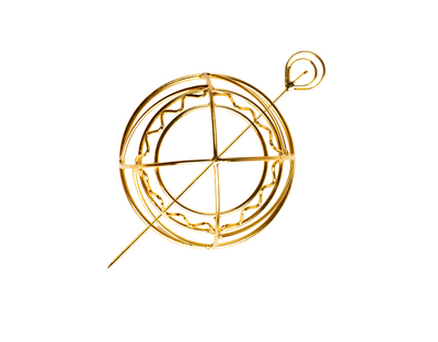 Gold spiral hairbun with concentric circles and intricate design. Elegant and artistic, it conveys a sense of sophistication.