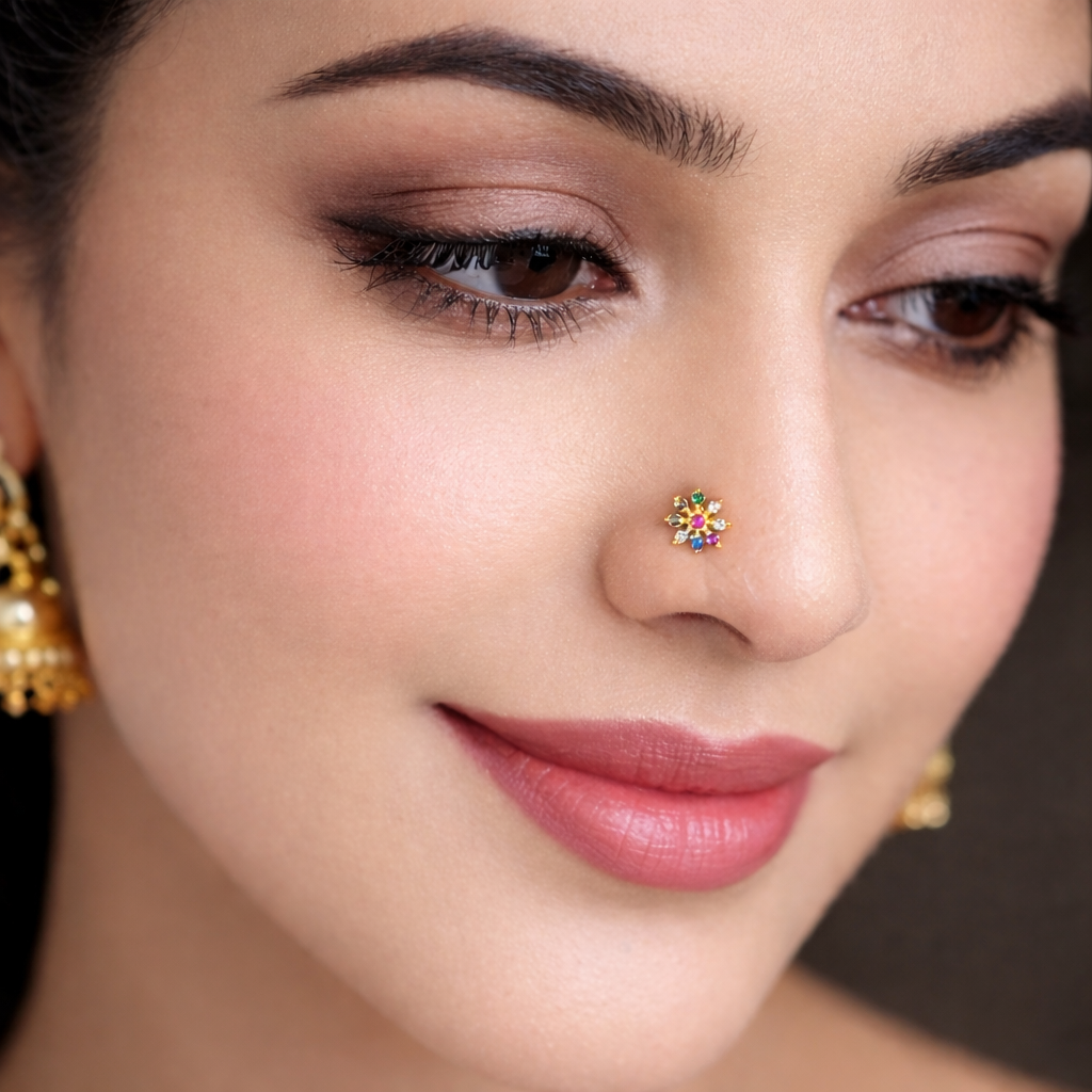Navratan 925 Silver Nose Pin for Women