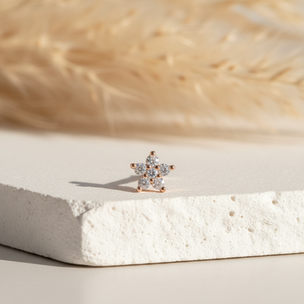 Flower 925 Silver Gold Plated Nose Pin prop shot on stone slab | Wizzowl Jewellery