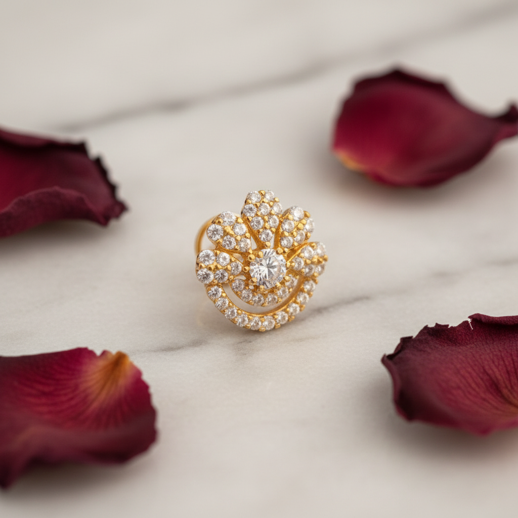 Heer gold plated 925 silver nose pin for women on white marble with rose petals