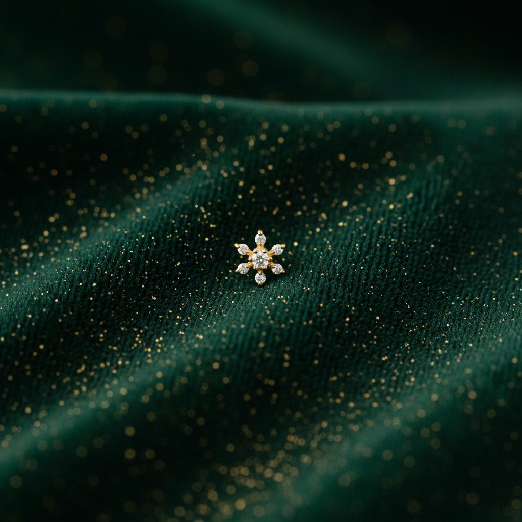 Indu gold plated 925 silver nose pin for women on dark green velvet with gold dust