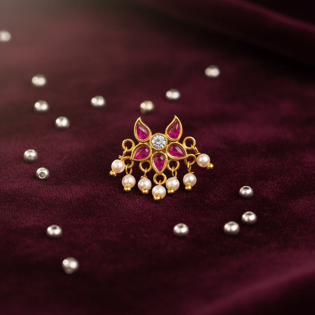 Irraj gold plated 925 silver nose pin for women – burgundy velvet prop shot
