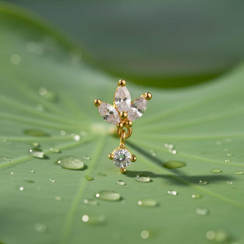Lotus Drop 925 Silver Gold Plated Nose Pin lotus leaf prop shot | Wizzowl Jewellery