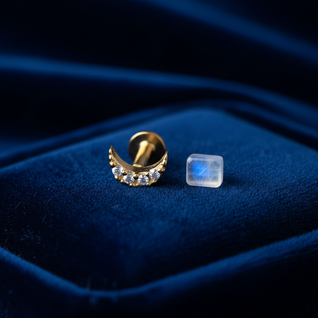 Moon 925 Silver Gold Plated Nose Pin navy moonstone prop shot | Wizzowl Jewellery