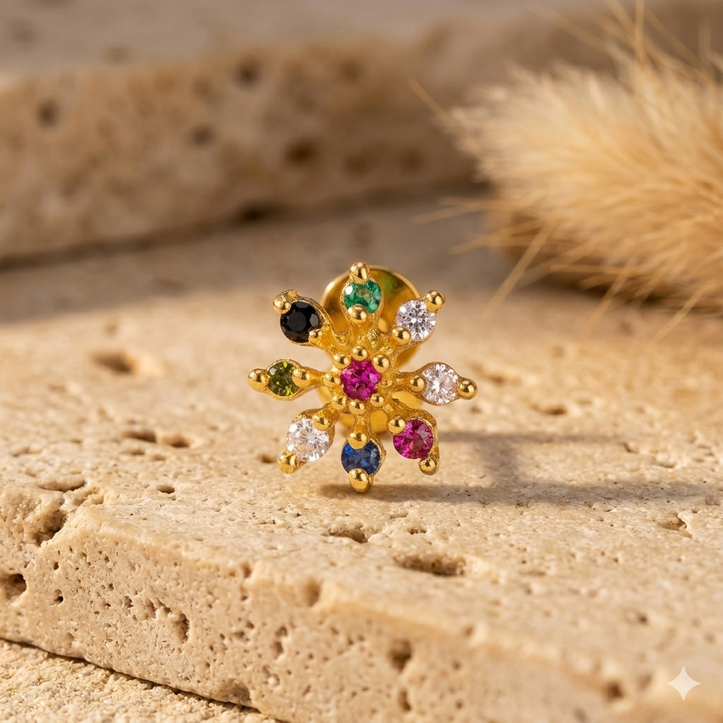 Navratan 925 Silver Nose Pin for Women