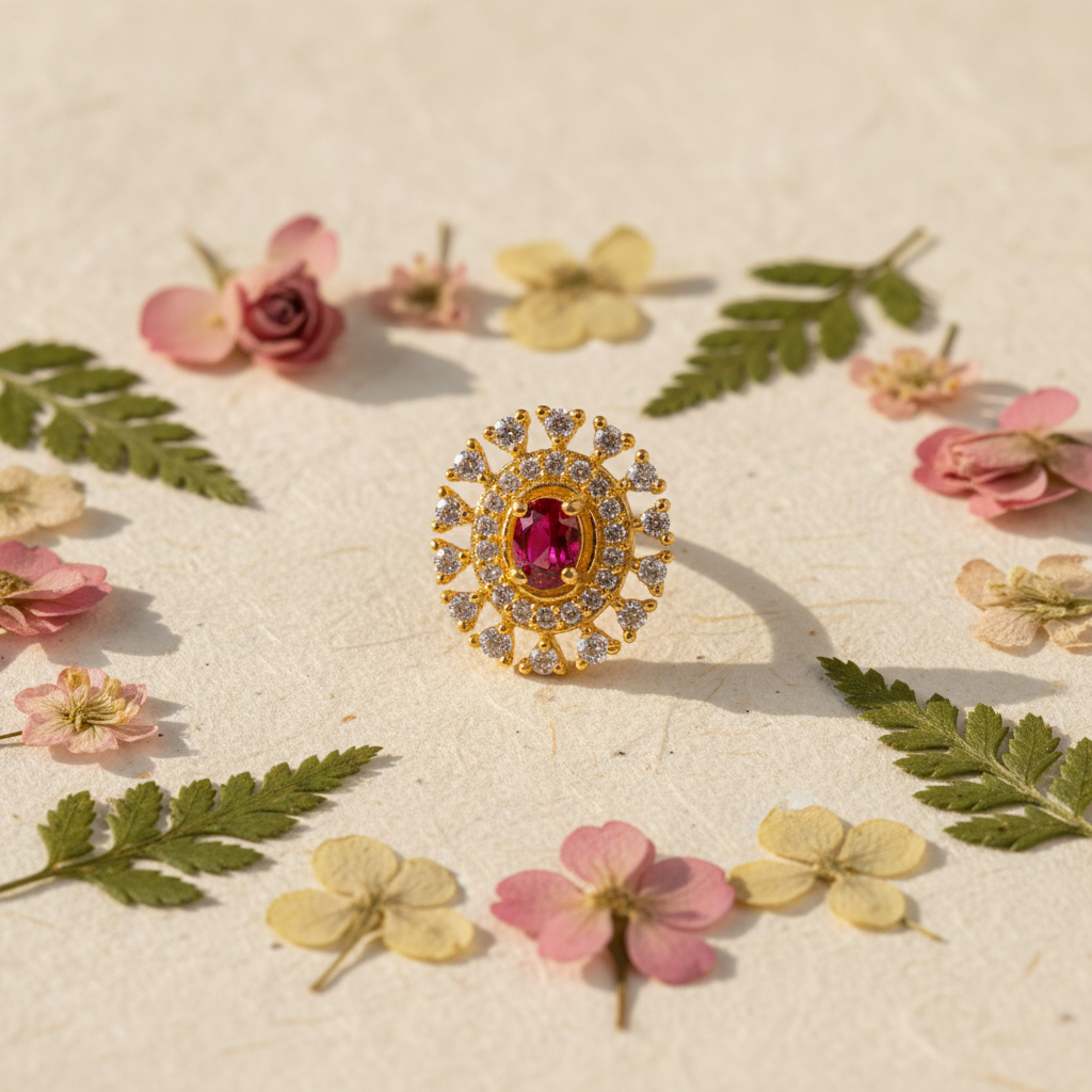 Ojasvi 925 Silver Gold Plated Nose Pin handmade paper pressed flowers prop shot | Wizzowl Jewellery
