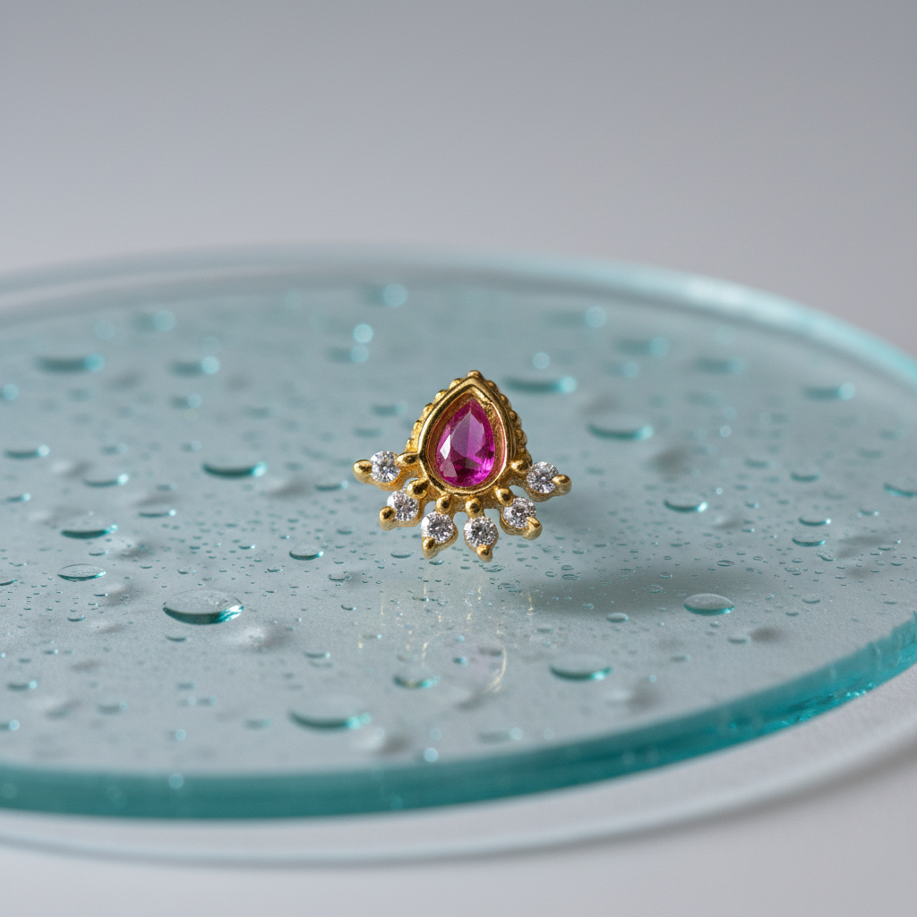 Pear Drop 925 Silver Gold Plated Nose Pin glass tray prop shot | Wizzowl Jewellery