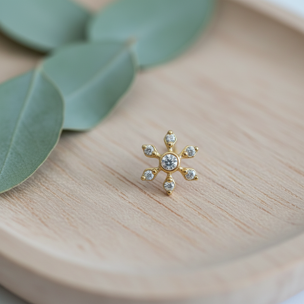 Ruhi 925 Silver Gold Plated Nose Pin wooden tray prop shot | Wizzowl Jewellery