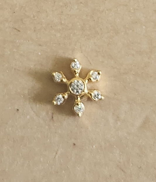 Silver nosepins featuring traditional motifs with a modern design twist, displayed on a neutral background.
