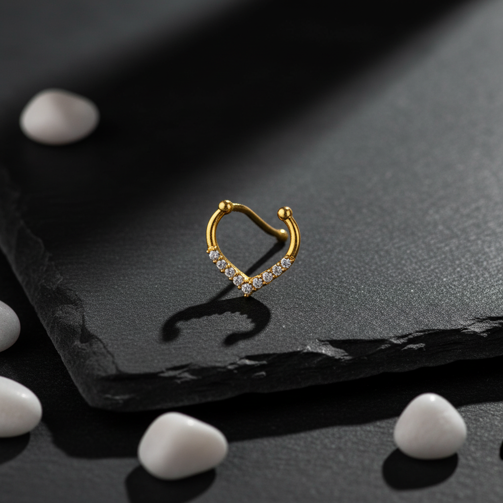 Gold-plated septum nosepin on dark slate with white pebbles