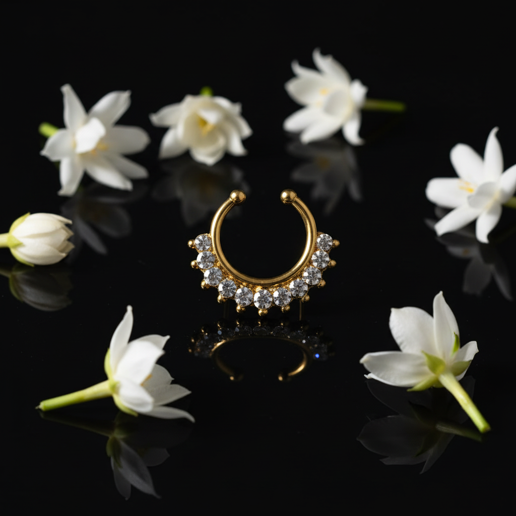 Gold-plated septum nosepin on black surface with white jasmine flowers
