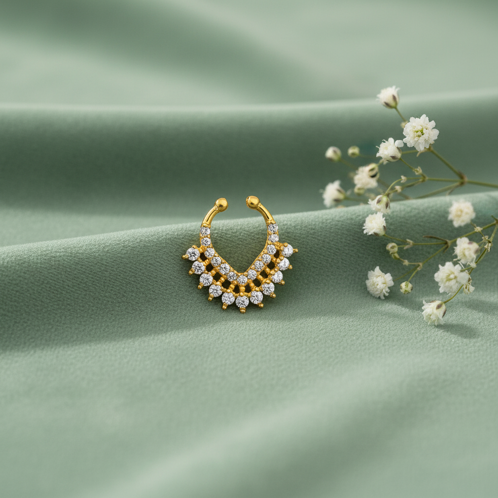 Gold-plated septum nosepin on sage green velvet with baby's breath