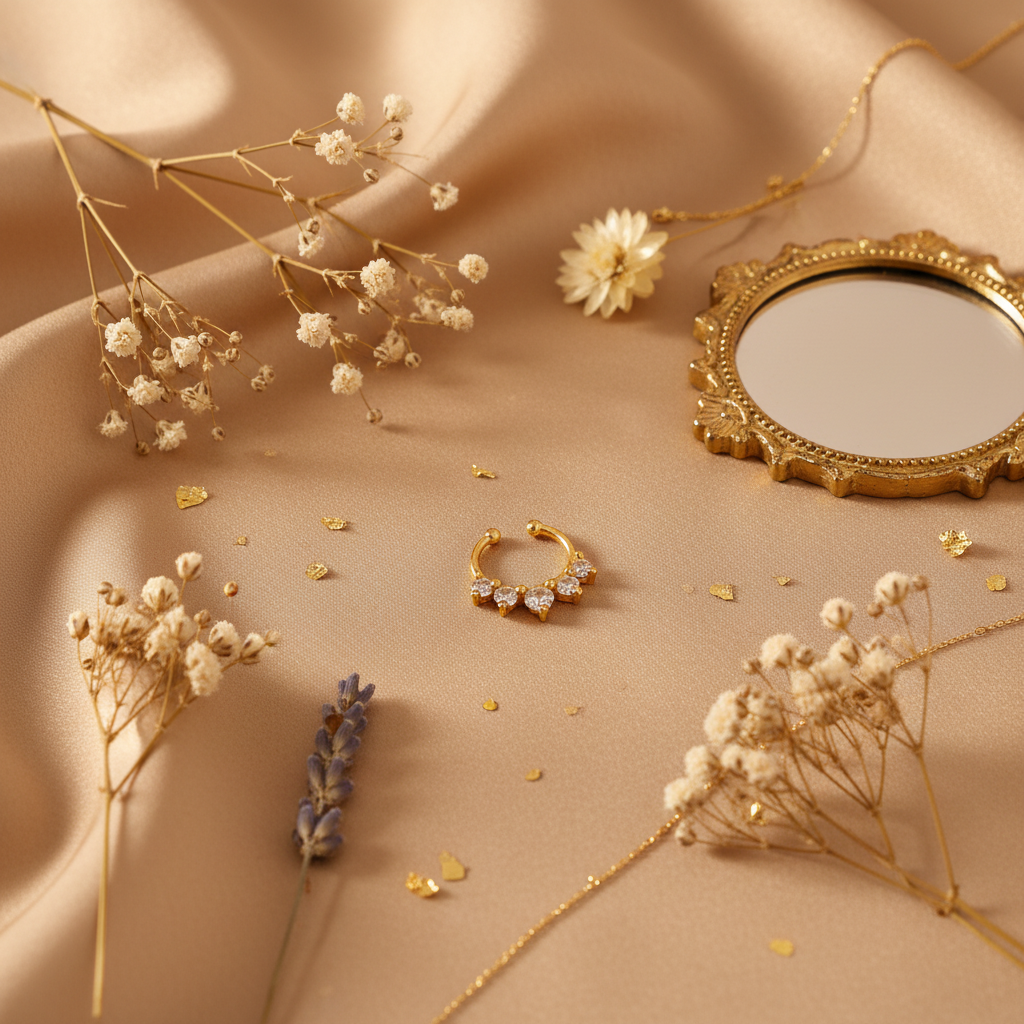 Gold-plated 5-stone septum nosepin styled with golden props