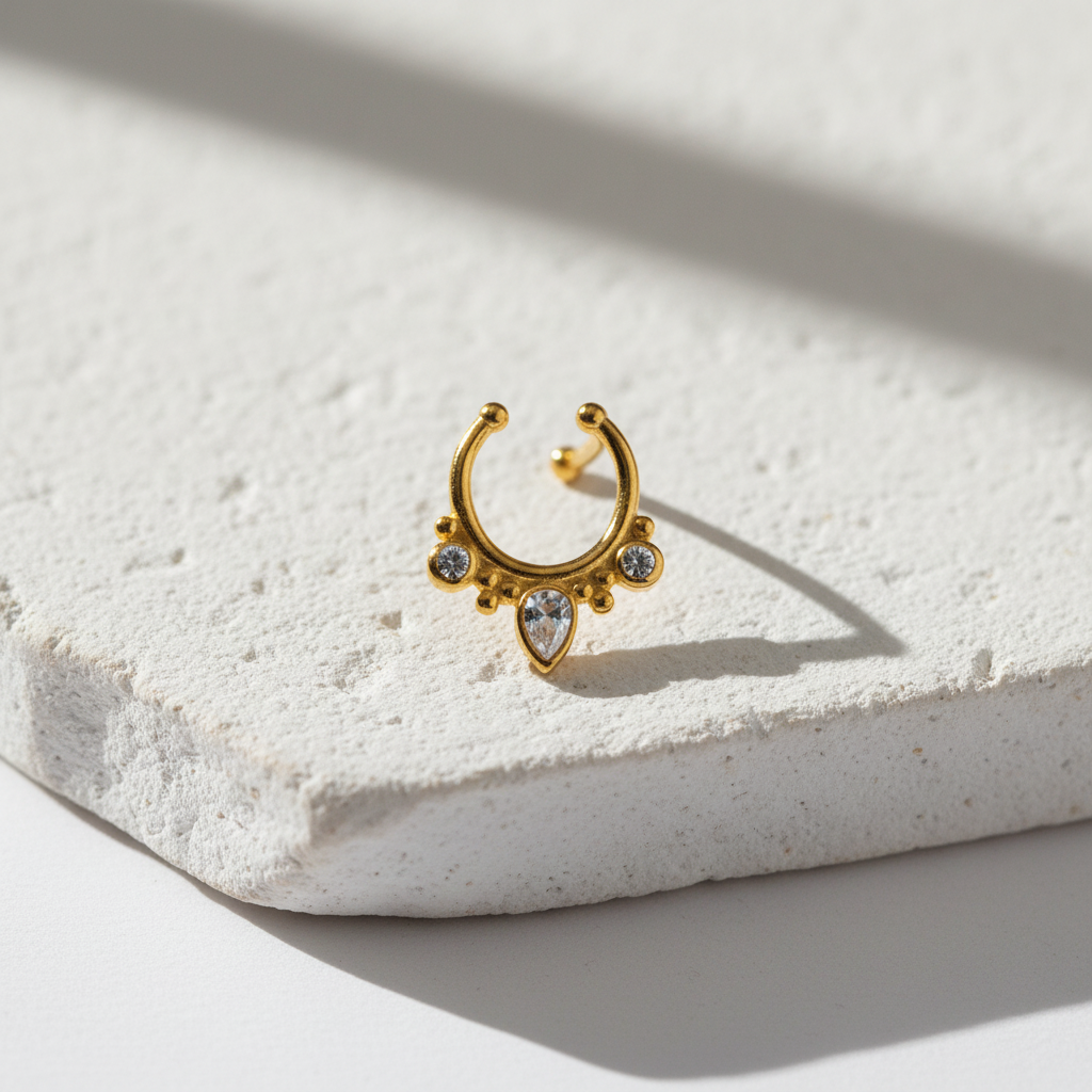 Gold-plated septum nosepin on white ceramic surface
