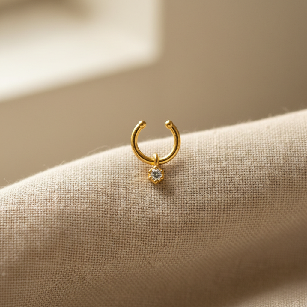 Gold-plated septum nosepin on natural linen fabric