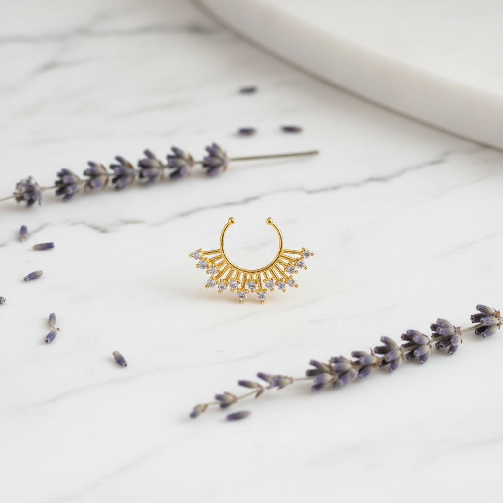 Gold-plated septum nosepin on white marble with dried lavender