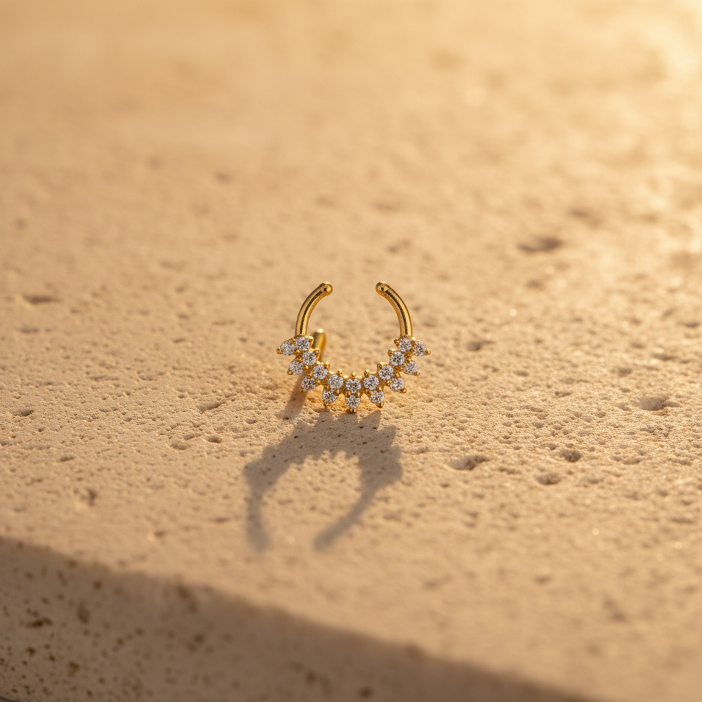 Gold-plated septum nosepin on sandy beige stone surface