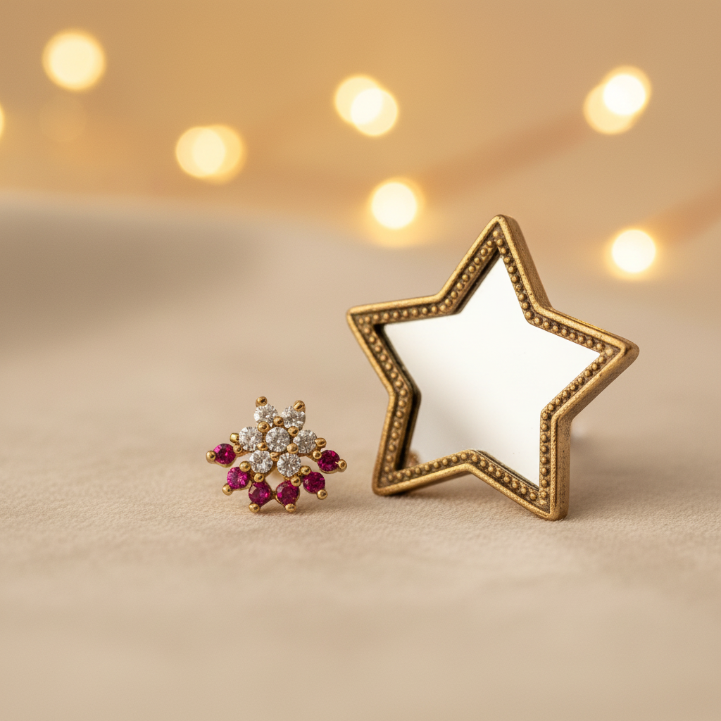 Sitara 925 Silver Gold Plated Nose Pin star mirror fairy lights prop shot | Wizzowl Jewellery