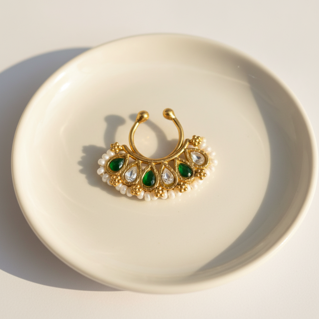 Gold-plated Kundan septum nosepin with green stones on white ceramic surface