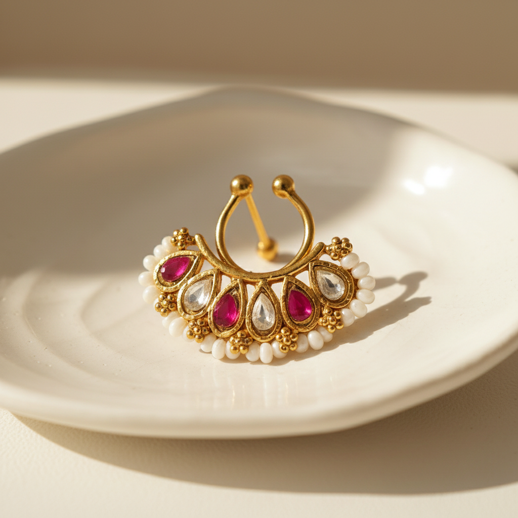 Gold-plated Kundan septum nosepin on white ceramic surface with warm natural light