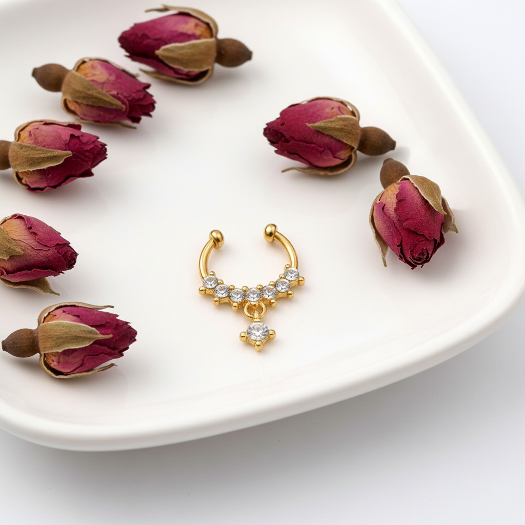 Gold-plated septum nosepin on white ceramic dish with dried rose buds