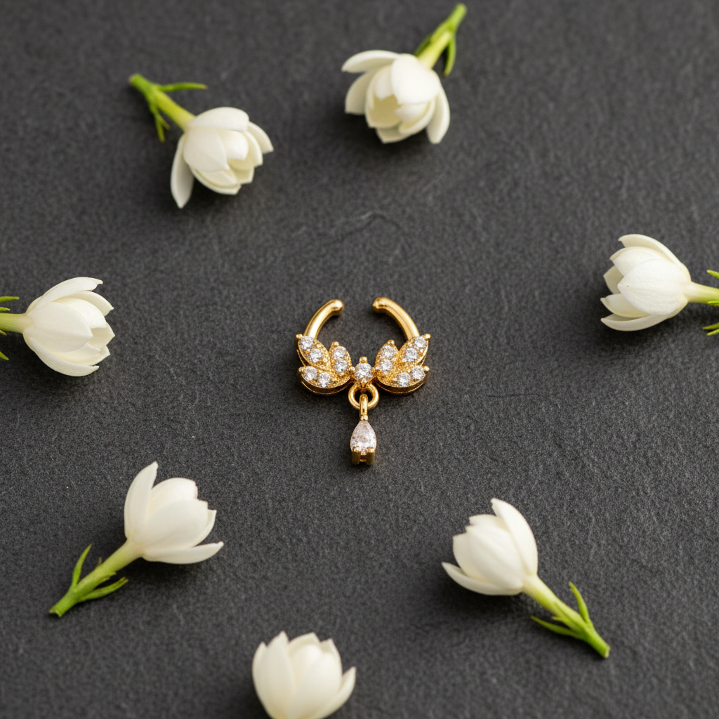 Gold-plated septum nosepin on dark charcoal stone with white jasmine buds