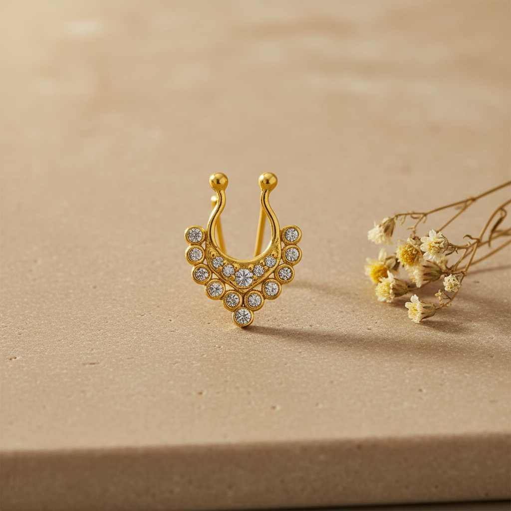 Gold-plated septum nosepin on sandy beige stone with dried wildflower