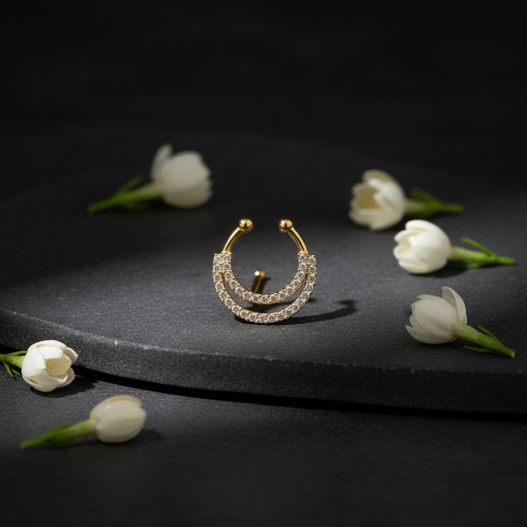 Gold-plated septum nosepin on dark charcoal stone with white jasmine buds