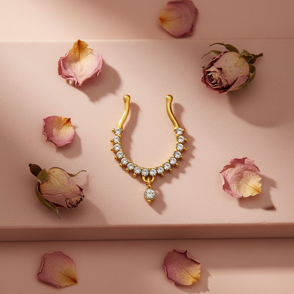 Gold-plated septum nosepin on blush pink stone with dried rose petals