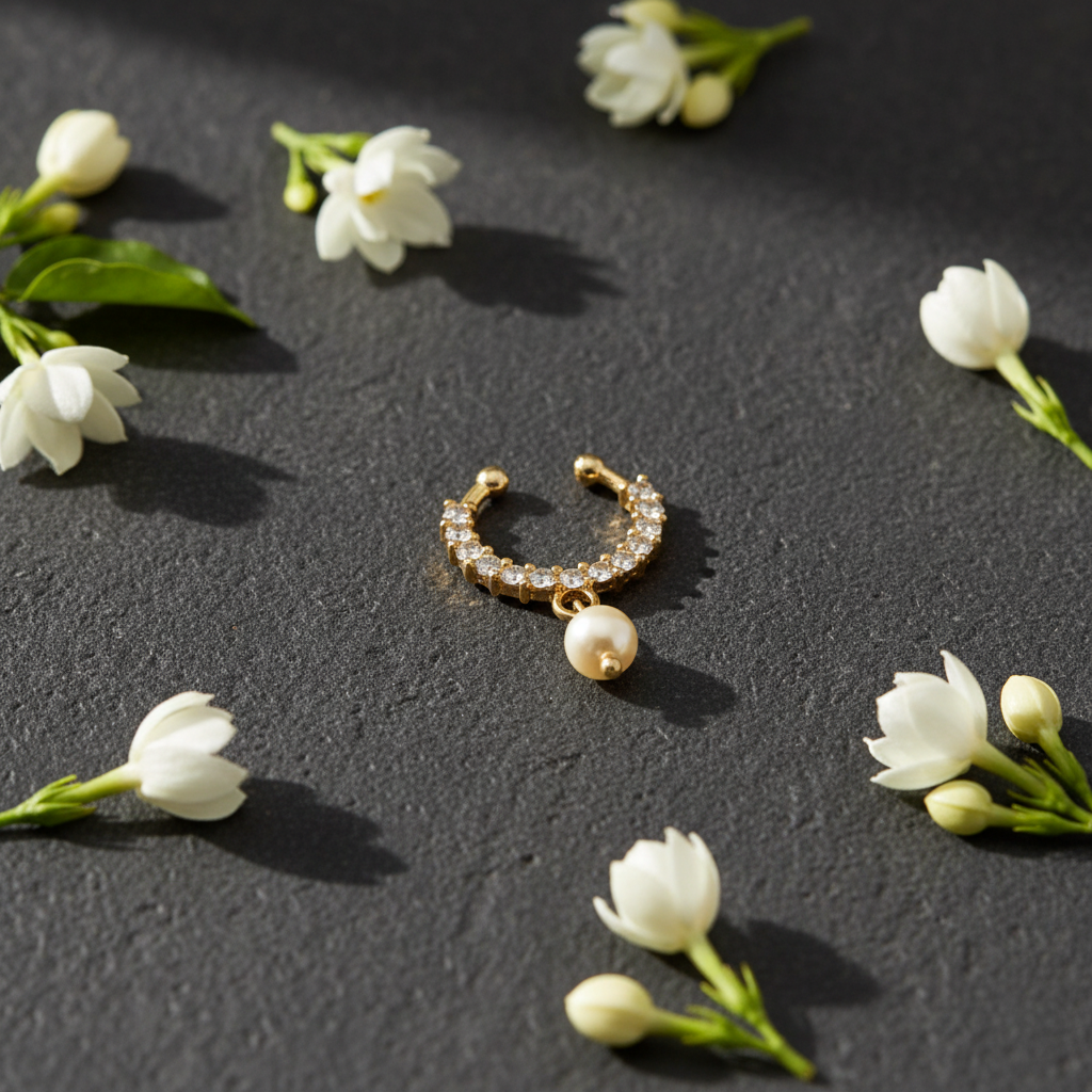 Gold-plated septum nosepin on dark charcoal stone with white jasmine buds
