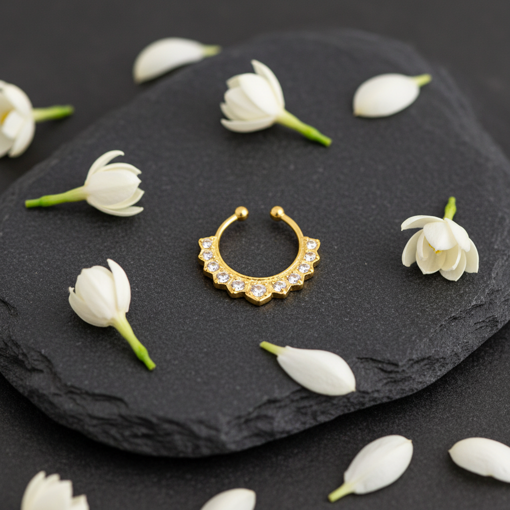 Gold-plated septum nosepin on dark charcoal stone with white jasmine buds