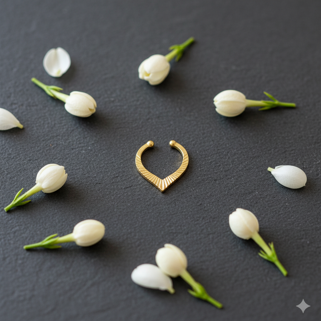 Gold-plated septum nosepin on dark charcoal stone with white jasmine buds