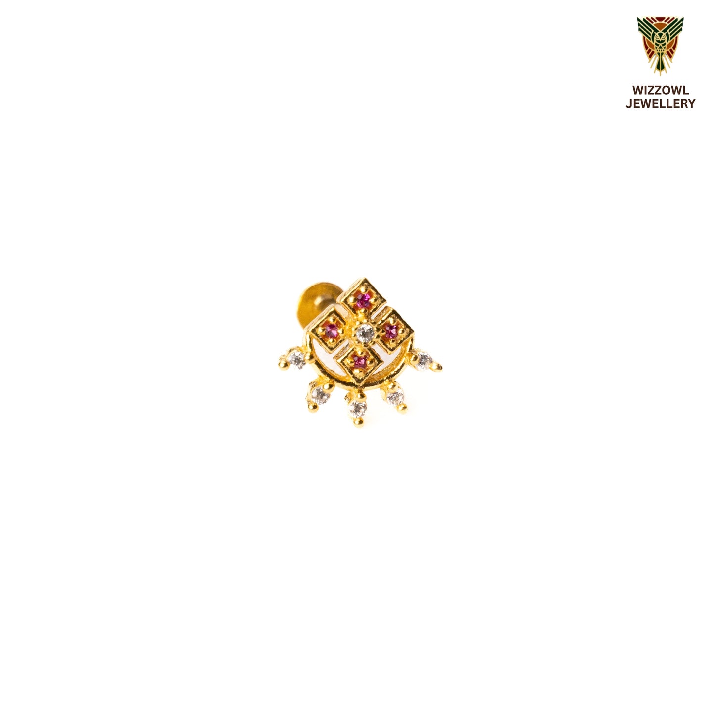 Silver nosepins featuring traditional motifs with a modern design twist, displayed on a neutral background.