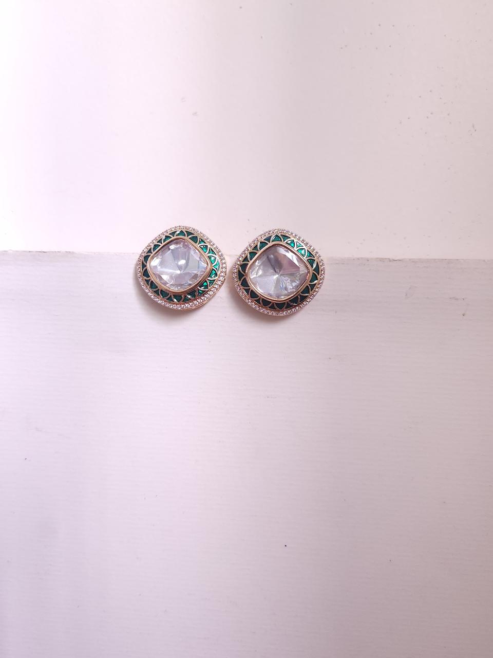 Green Enamel Polki Studs