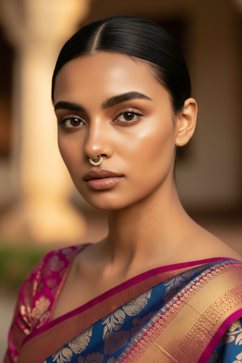 Indian woman wearing saree with gold-plated septum nosepin