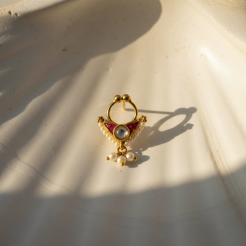 Gold-plated Kundan septum nosepin on white ceramic surface with warm natural light