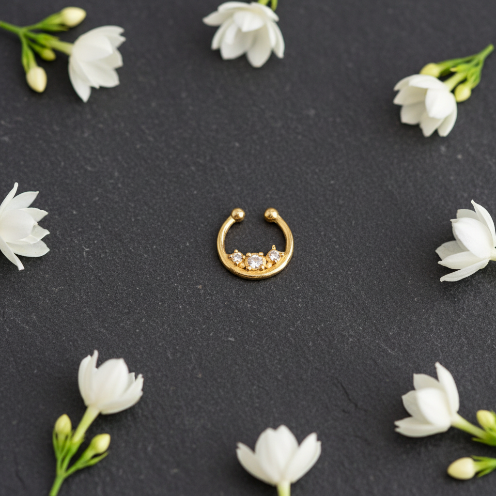 Gold-plated septum nosepin on dark charcoal stone with white jasmine buds