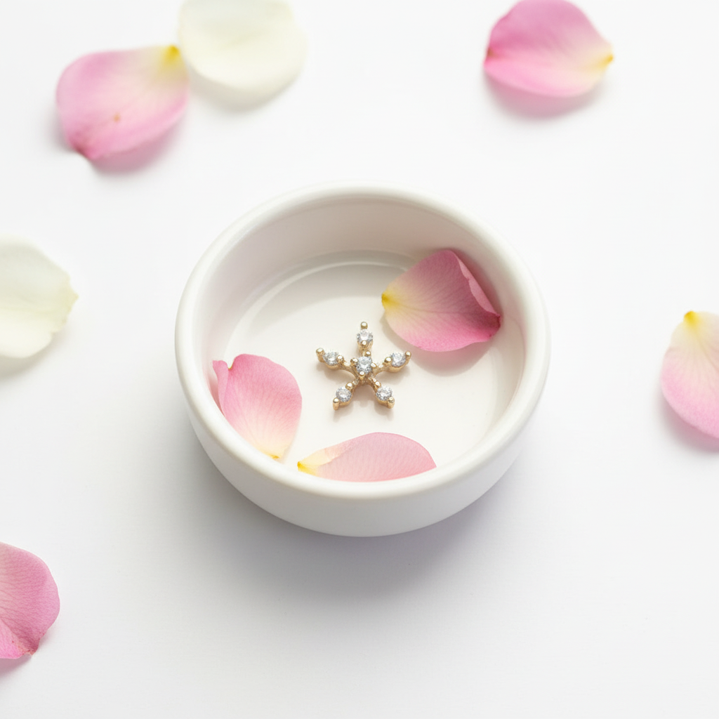 Ira 925 Silver Gold Plated Nose Pin ceramic dish prop shot | Wizzowl Jewellery