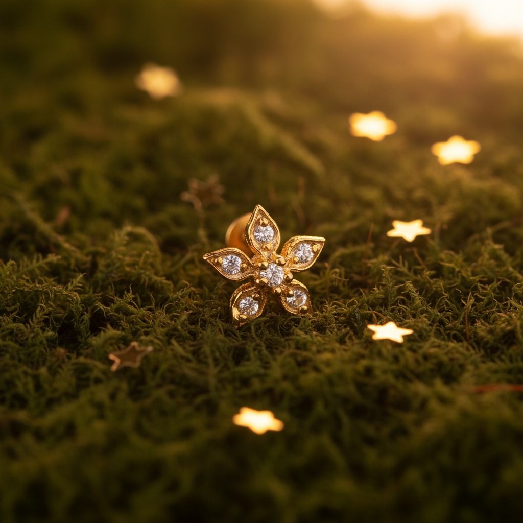 Star 925 Silver Gold Plated Nose Pin green moss gold stars prop shot | Wizzowl Jewellery