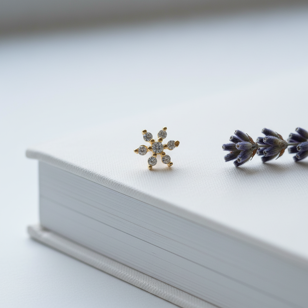 Kresha 925 Silver Gold Plated Nose Pin white book lavender prop shot | Wizzowl Jewellery