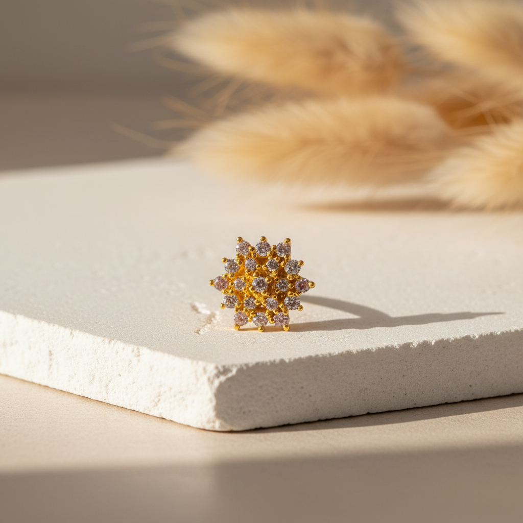 Nihana 925 Silver Gold Plated Nose Pin prop shot on stone slab | Wizzowl Jewellery