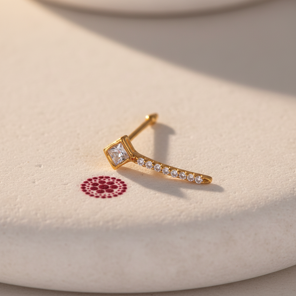 Tilak 925 Silver Gold Plated Nose Pin white stone prop shot | Wizzowl Jewellery