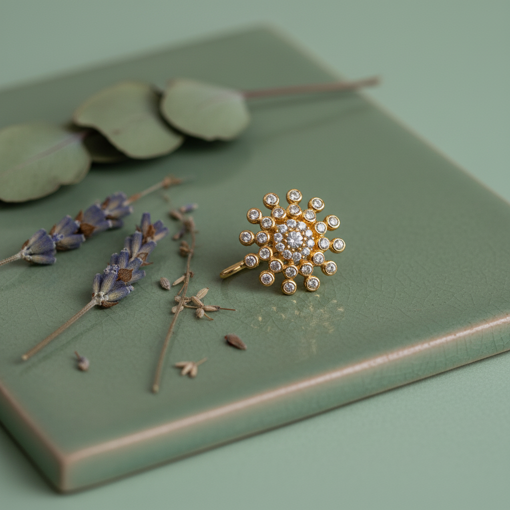 Isharav 925 Silver Gold Plated Nose Pin sage green ceramic tile prop shot | Wizzowl Jewellery