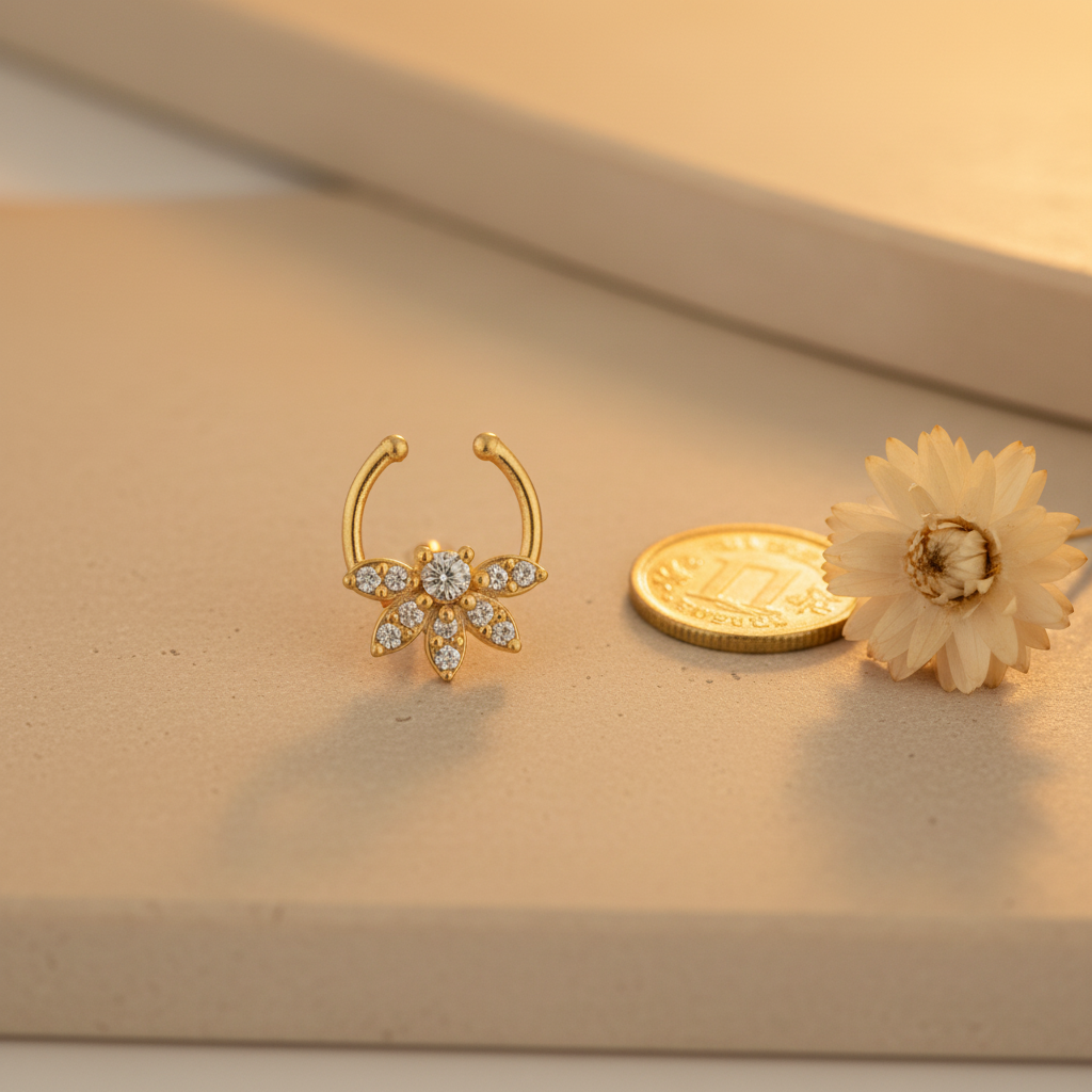 Gold-plated septum nosepin on beige stone with golden coin and dried flower