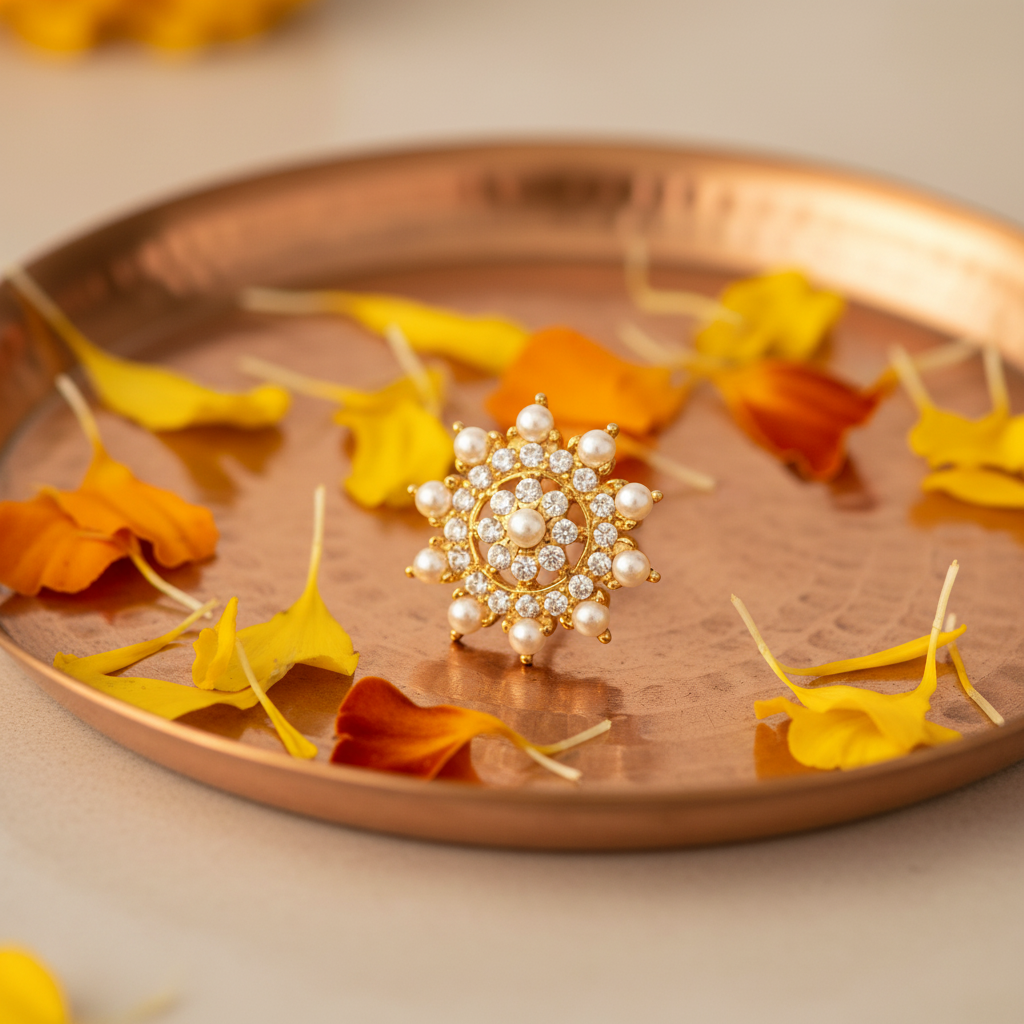 Hiral gold plated 925 silver nose pin for women on copper tray with marigold petals