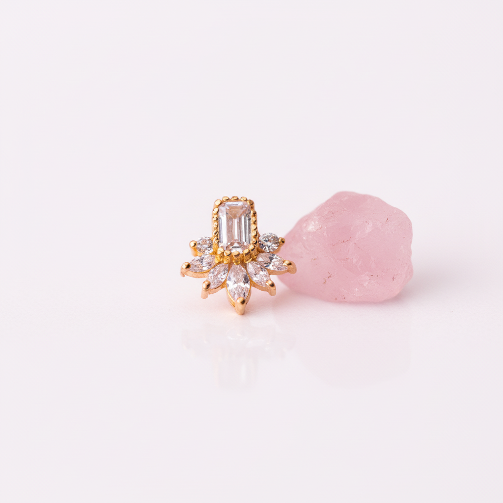 Yukta 925 Silver Gold Plated Nose Pin rose quartz prop shot | Wizzowl Jewellery