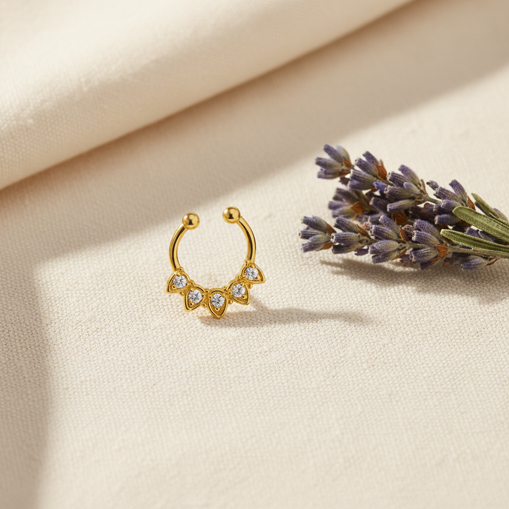 Gold-plated septum nosepin on ivory linen with dried lavender